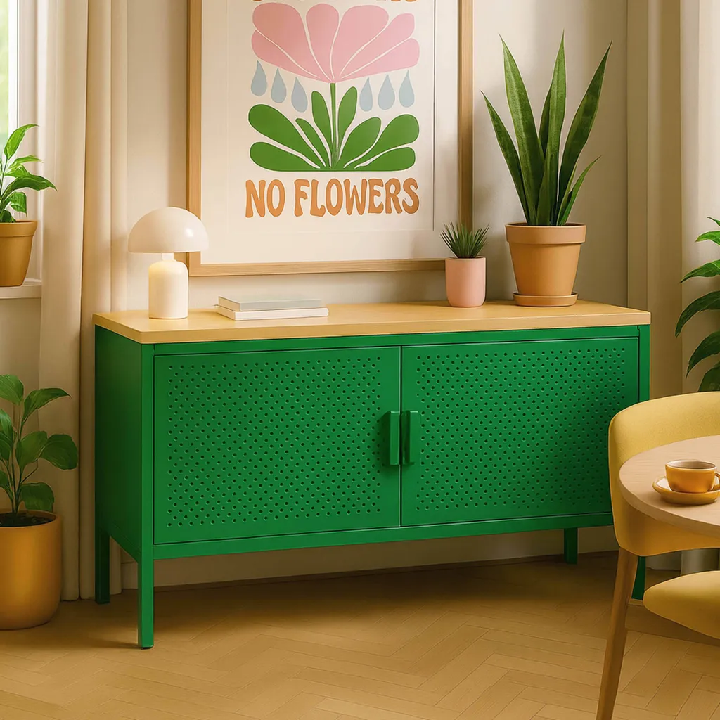 Buffet bas 100 cm métal vert rangement robuste pour petit appartement - 3