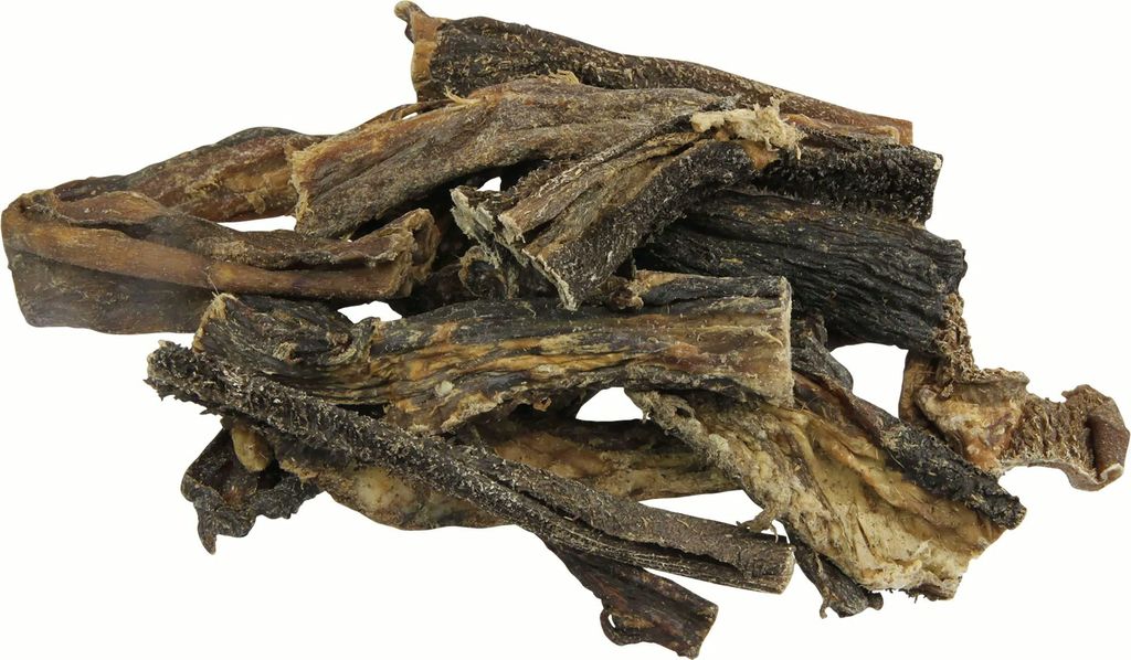 A pile of dried beef tripe pieces against a white background.