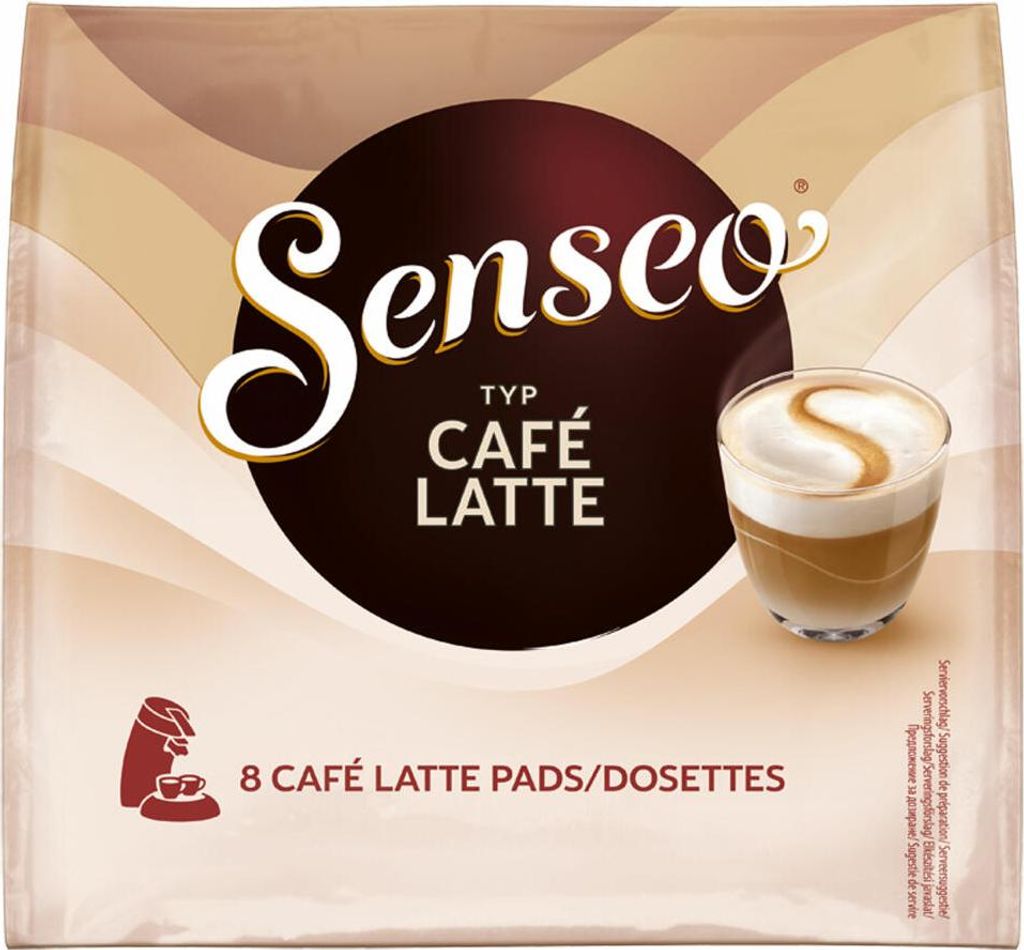 A package of Senseo Cafe Latte coffee pods, with an image of a prepared coffee drink.
