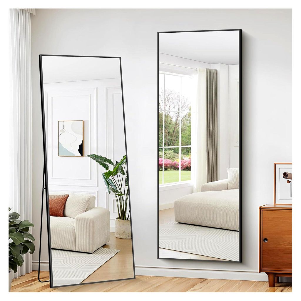 Großer Ganzkörperspiegel 179 x 65 cm mit schwarzem Aluminiumrahmen, rechteckiger Wand- und Standspiegel für Schlafzimmer, Wohnzimmer, Ankleidezi...