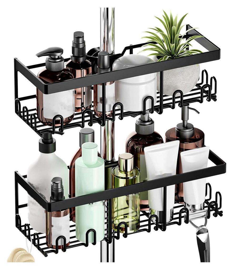 Duschablage ohne Bohren, 2 Stück Duschregal aus Edelstahl für Duschstangen von 18 mm bis 25 mm, schwarzer Badezimmer Organizer für Shampoo