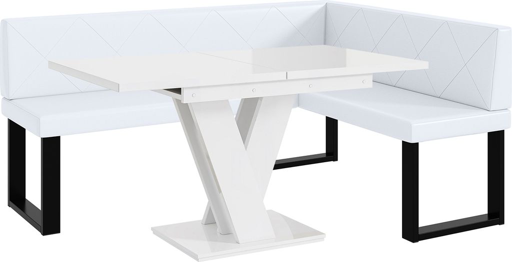 MEBLINI Eckbank für Esszimmer mit ausziehbarem Tisch - Küchenbank - Essecke - Sitzecke Küche - ERIC - U-Beine 128x168x87cm Rechts - Weiß Kunstl...