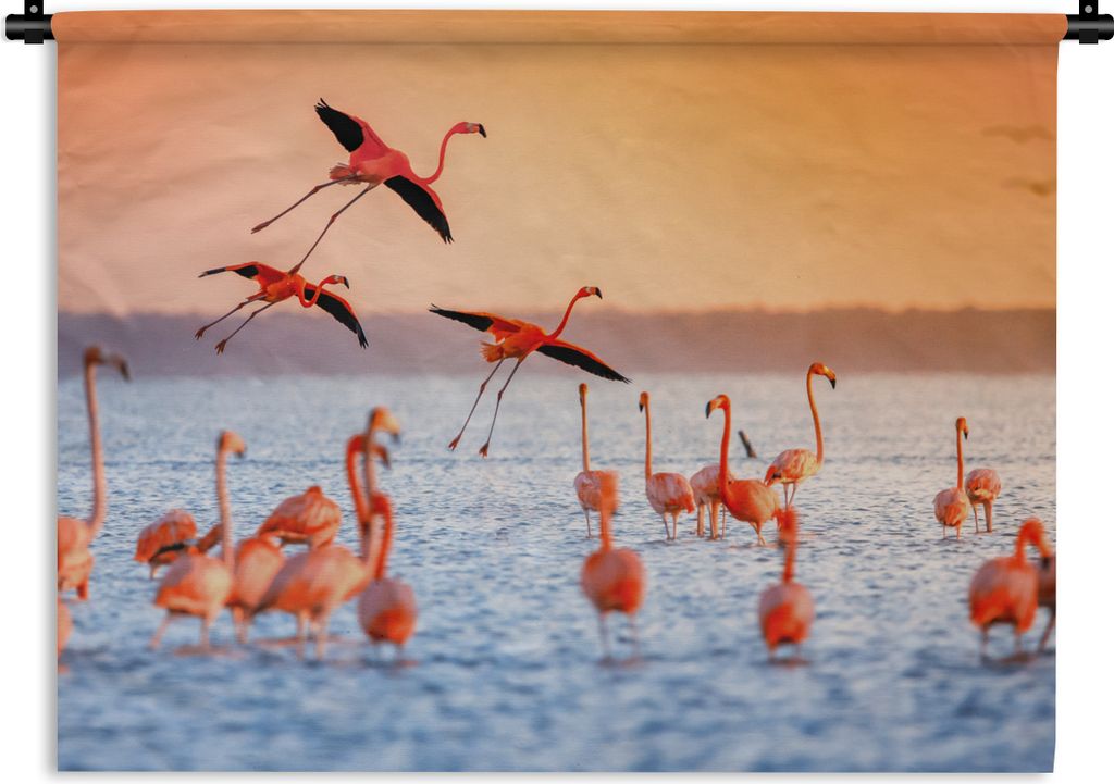MuchoWow Wandteppich Wandbehang Vogel - Flamingo - Wasser - Sonnenuntergang - Rosa 120x90 cm Tapisserie Dekoration Wandtuch - Wohnen - Aufhänger...