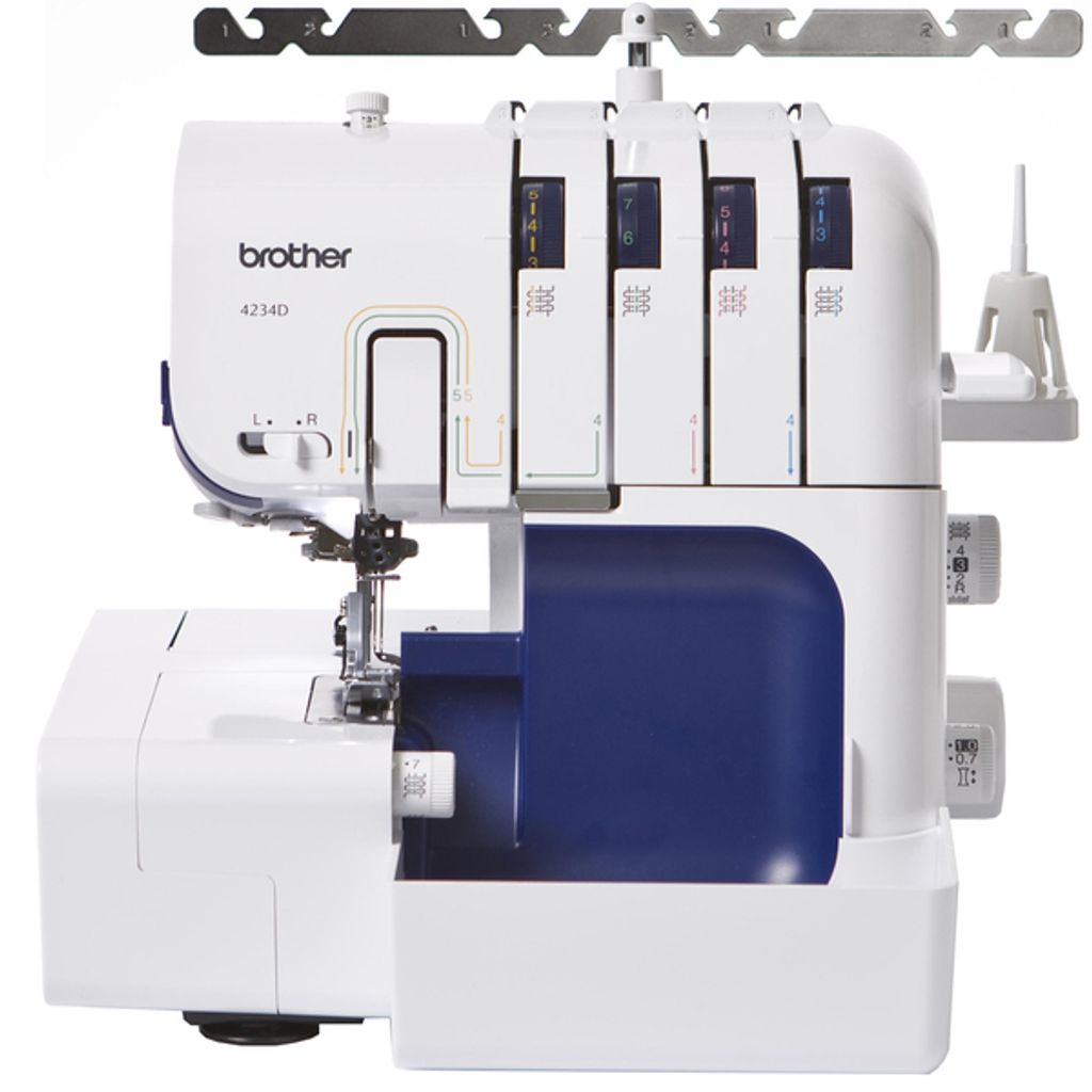 A white Brother 4234D overlock sewing machine with blue accents, shown from a side-angle against a white background.