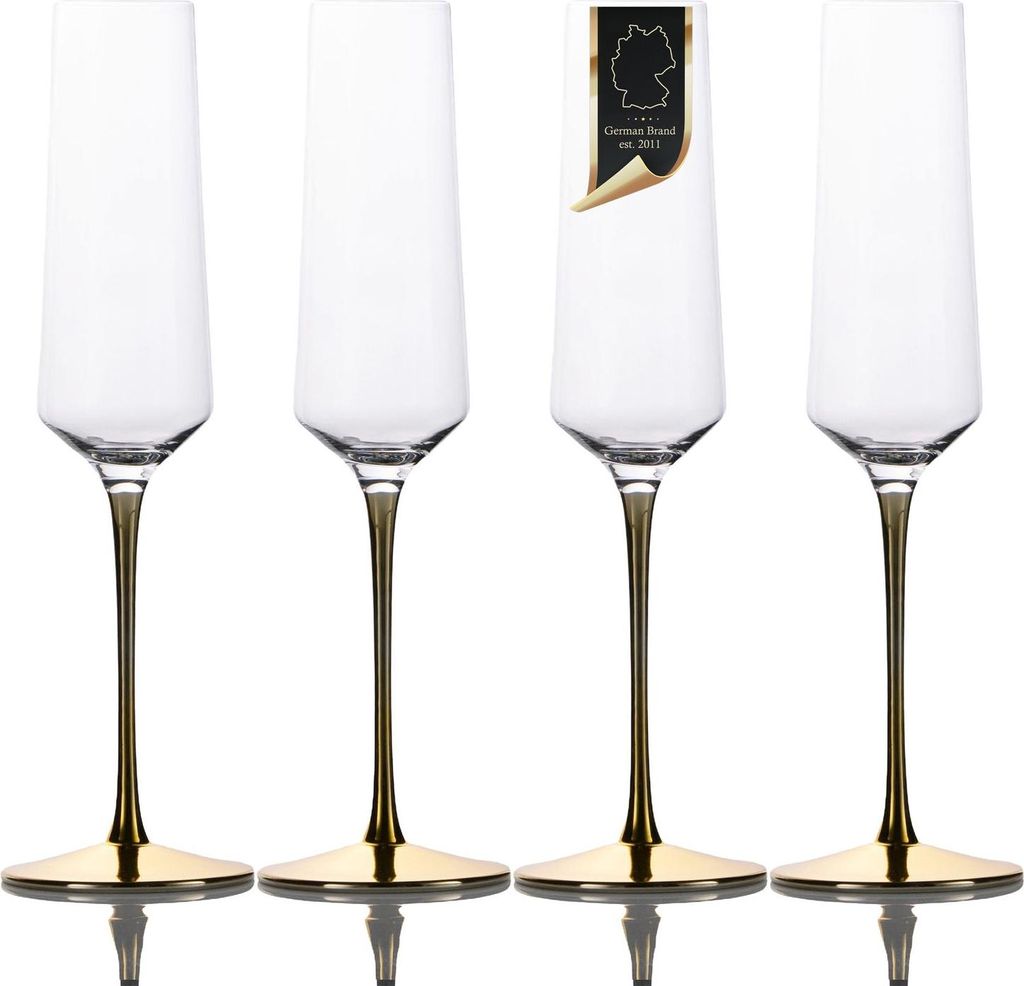 Intirilife 4x Champagner Glas mit goldfarbenem Stiel - 200 ml Füllmenge - Sekt Prosecco Glas Kristallglas stoßfest