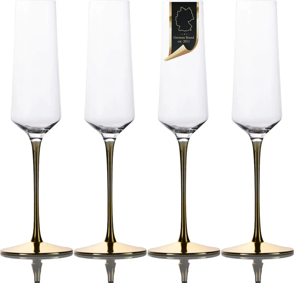 Set Intirilife 4 Bicchieri Prosecco Champagne Stelo Oro Cristallo