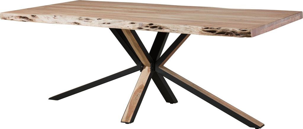 MASSIVMOEBEL24 Baumtisch 240x100x77 Akazie beige lackiert / Kreuzgestell anthrazit matt / natur FREEFORM