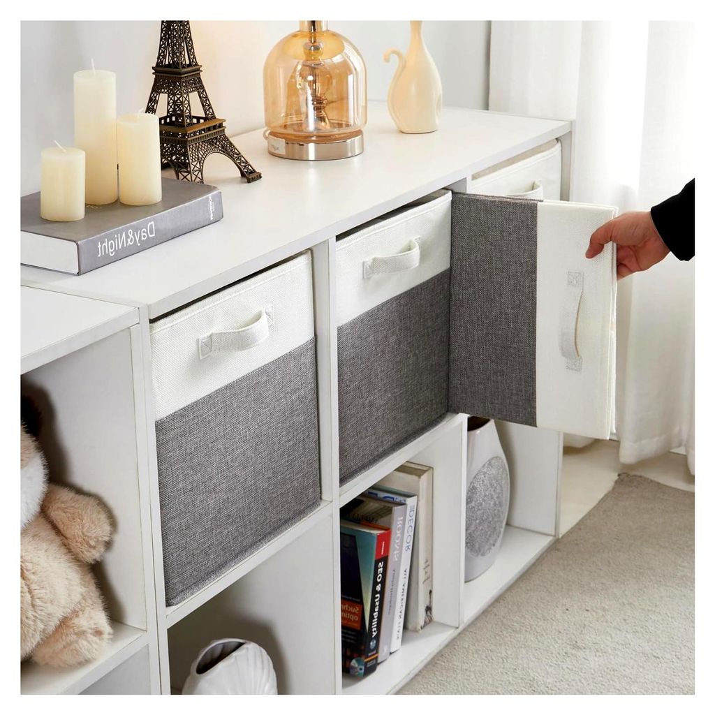 Stoff-Aufbewahrungsboxen, 28x28x28cm, Flache Körbe für Kleidung, Spielzeug und mehr (Grau Weiß, 4 Stück)