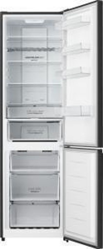 Interior view of an open refrigerator.