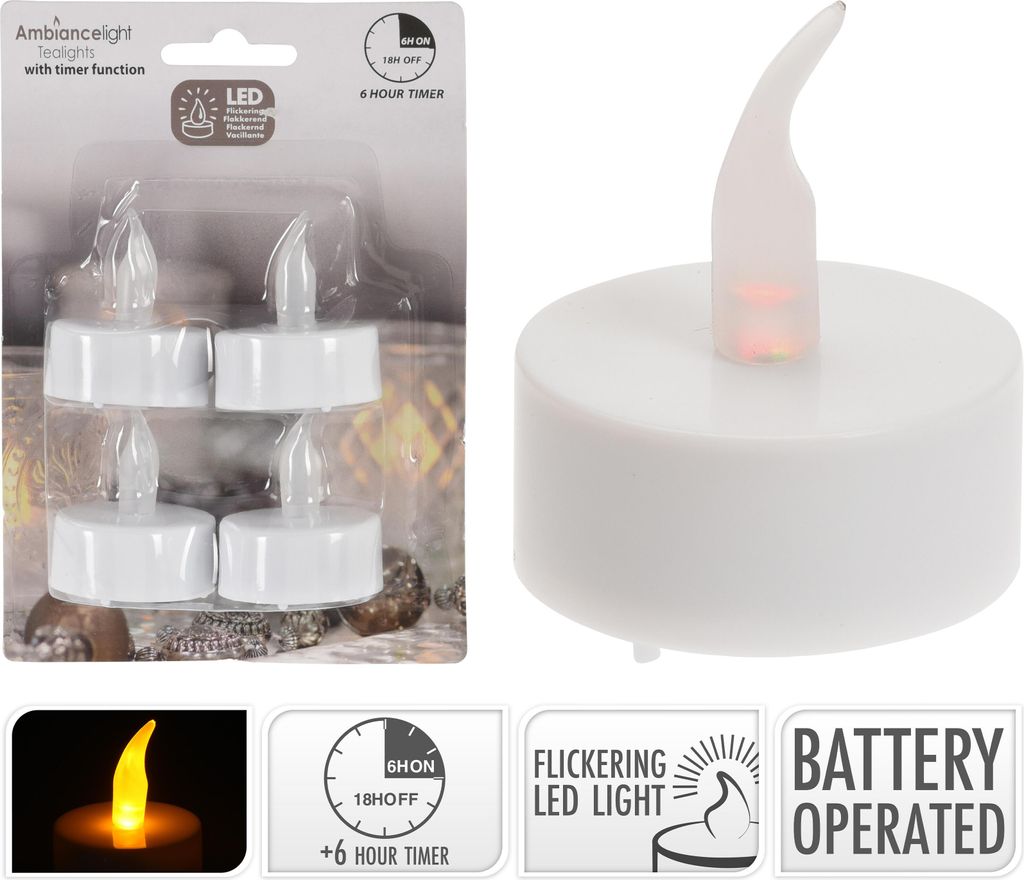 A package of four LED tealights with a single tealight shown separately, along with feature icons.