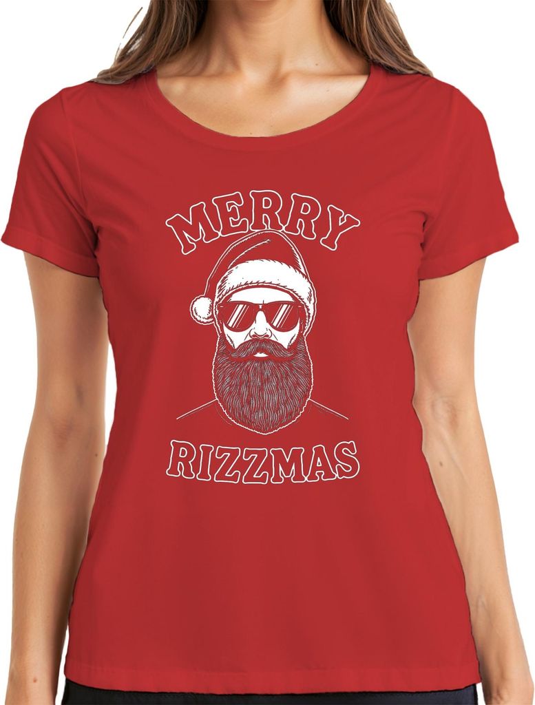 MERRY RIZZMAS Weihnachten Hipster Bärtiger Lustig Geschenkidee Damen T-Shirt, Rot, L