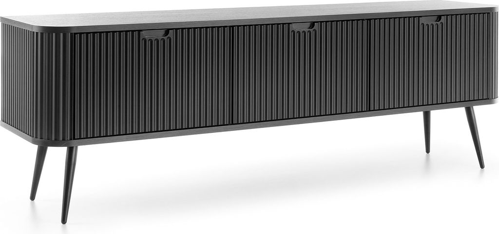 TV-Tisch mit Lamellen Gerly - TV-Schrank 170 cm auf Beinen, Loft, geriffelten Fronten, 3 Türen (Schwarz)