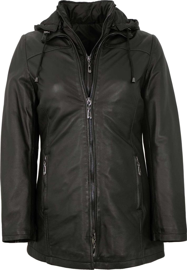 Existenz - Damen Ledermantel 2in1 Jacke Weste Kapuze Lammnappa schwarz : 46