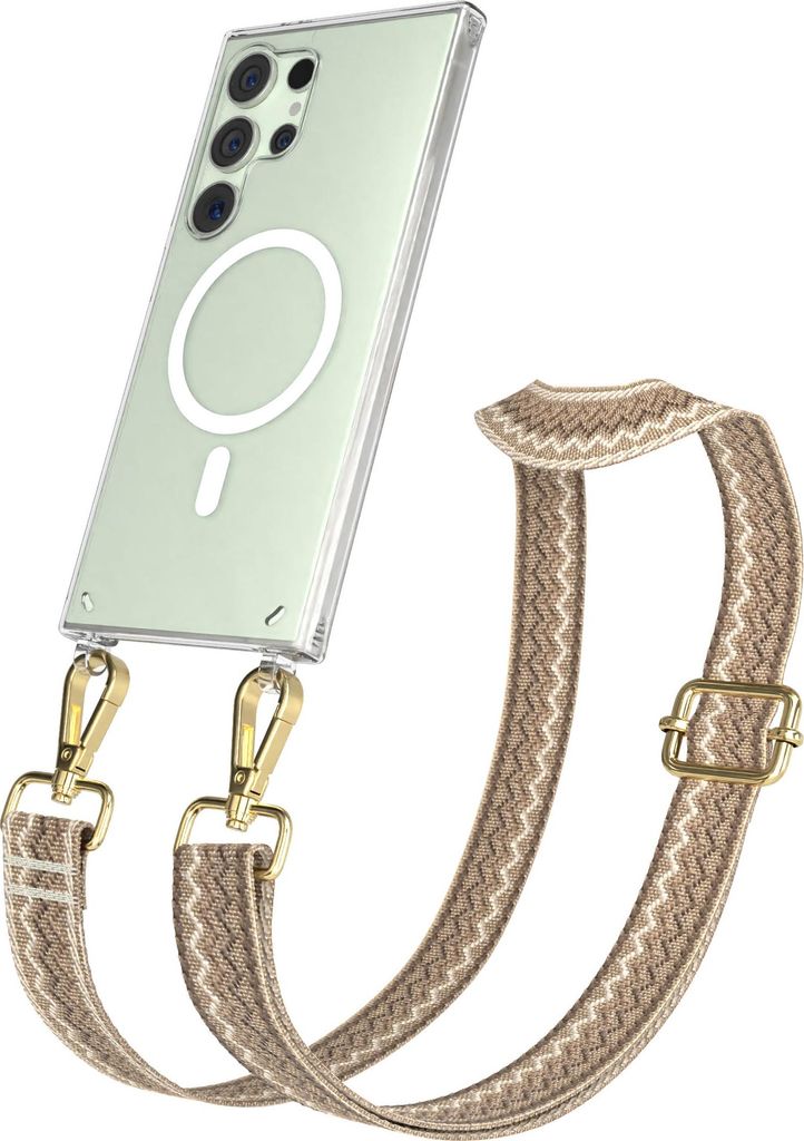 EAZY CASE - Handykette mit MagSafe Hülle für Samsung Galaxy S24 Ultra, Handyband Wave Style, Karabiner Gold, Umhängeband in Hellbraun