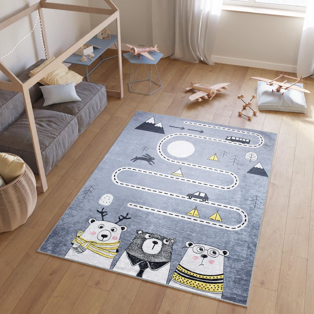 Tapiso Teppich EMMA Modern Kinderzimmer Grau Blau Gelb Schlafzimmer 140 x 200 cm