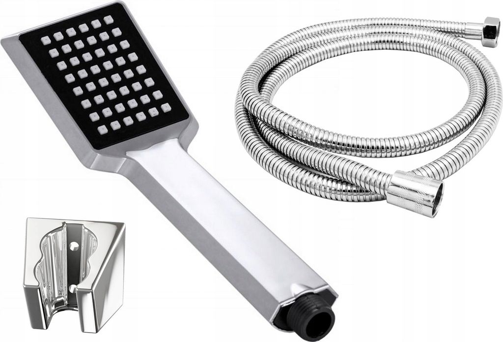A shower head, flexible hose, and wall mount are displayed against a white background.