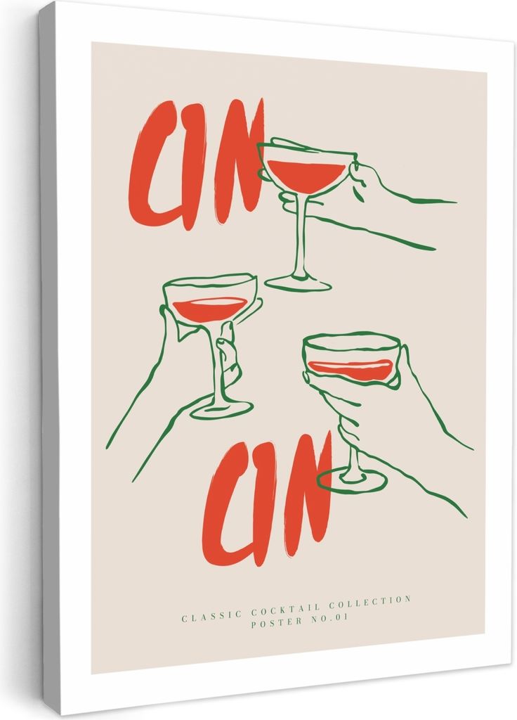 MuchoWow - Leinwandbilder - Cocktailgläser - Cin Cin - Rot - Abstrakt - Beige, Wandbild, Wanddeko Bilder Wohnzimmer, 30x40 cm