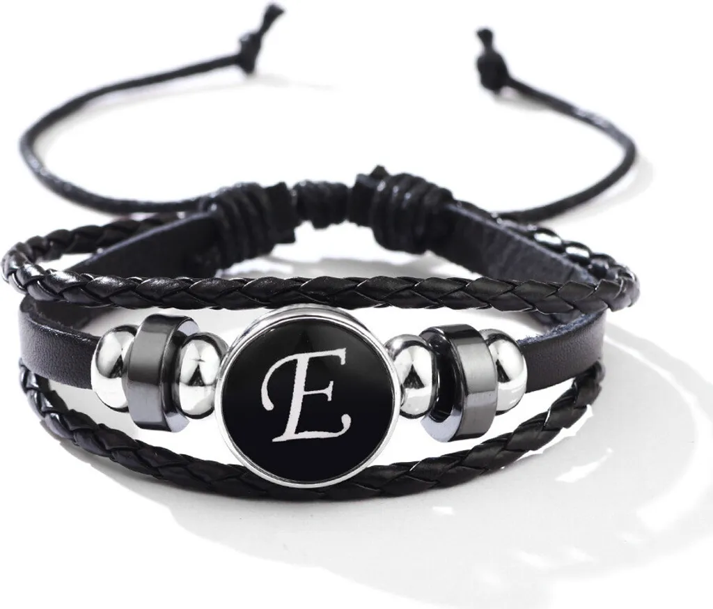 INF Jewelry: Bracciale Lettera E in Pelle Nera e Pietre Ematite