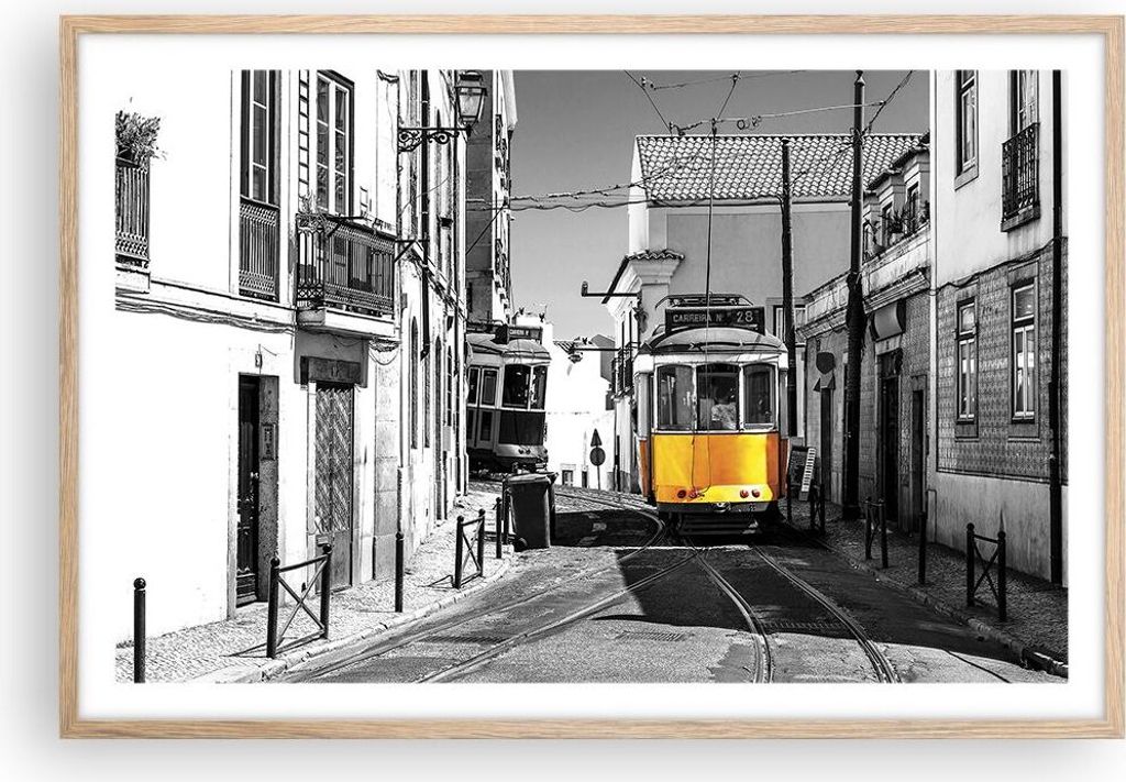Gerahmtes Poster - Rahmen in heller Eiche - Straßenbahn Portugal Lissabon - 91,5x61 cm - Wand Bild - Wanddeko - Wandbilder - Kunstposter - Wandpos...
