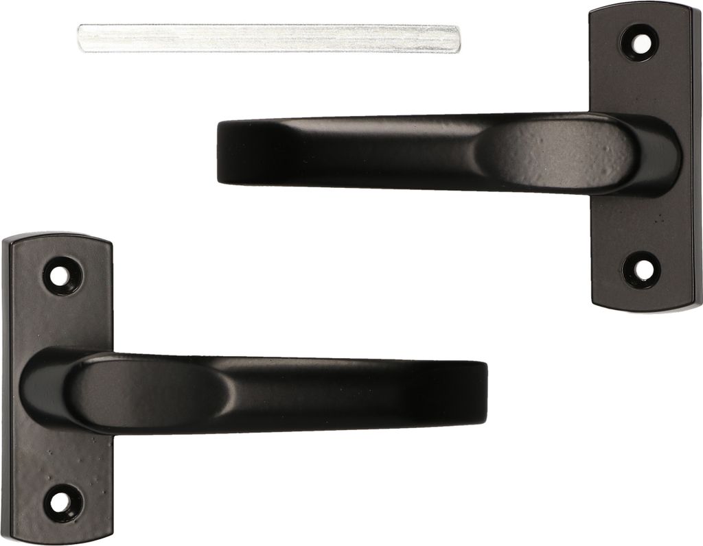 Two black door handles with mounting plates and a metal rod are displayed against a white background.