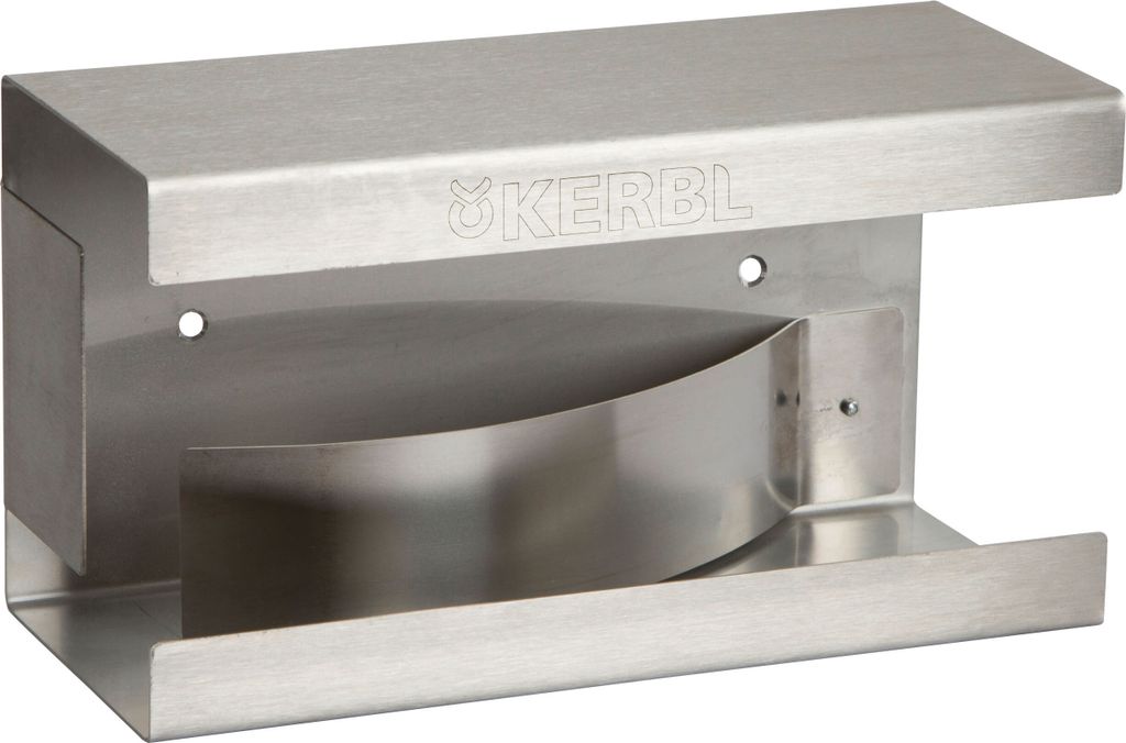 A stainless steel wall-mounted holder for disposable gloves.