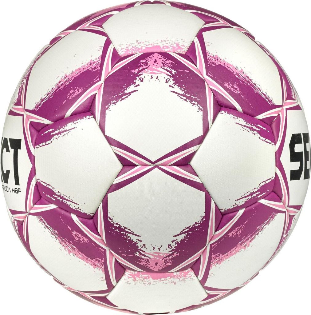 A white and pink soccer ball with purple accents.