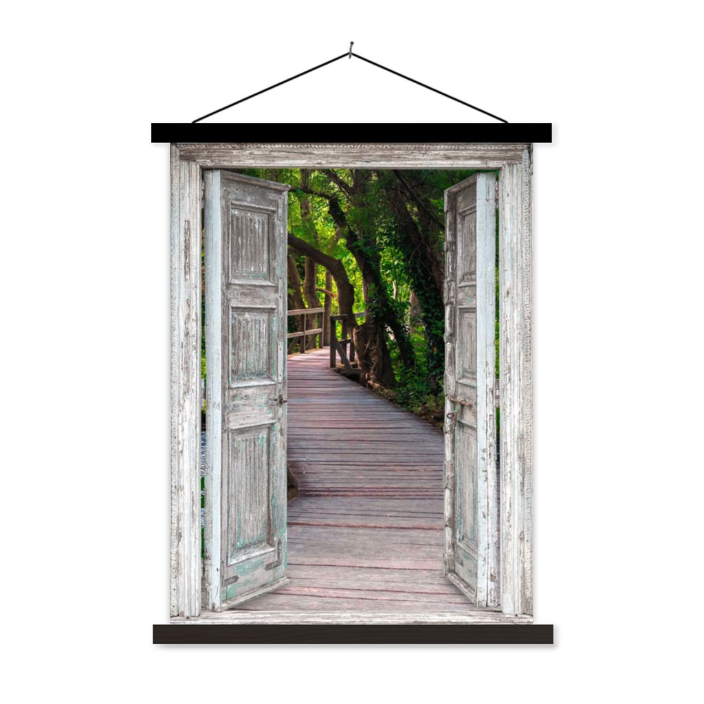MuchoWow Textilposter Brücke - Wald - Aussicht 120x160 cm mit schwarzem Rahmen - Magnetischer