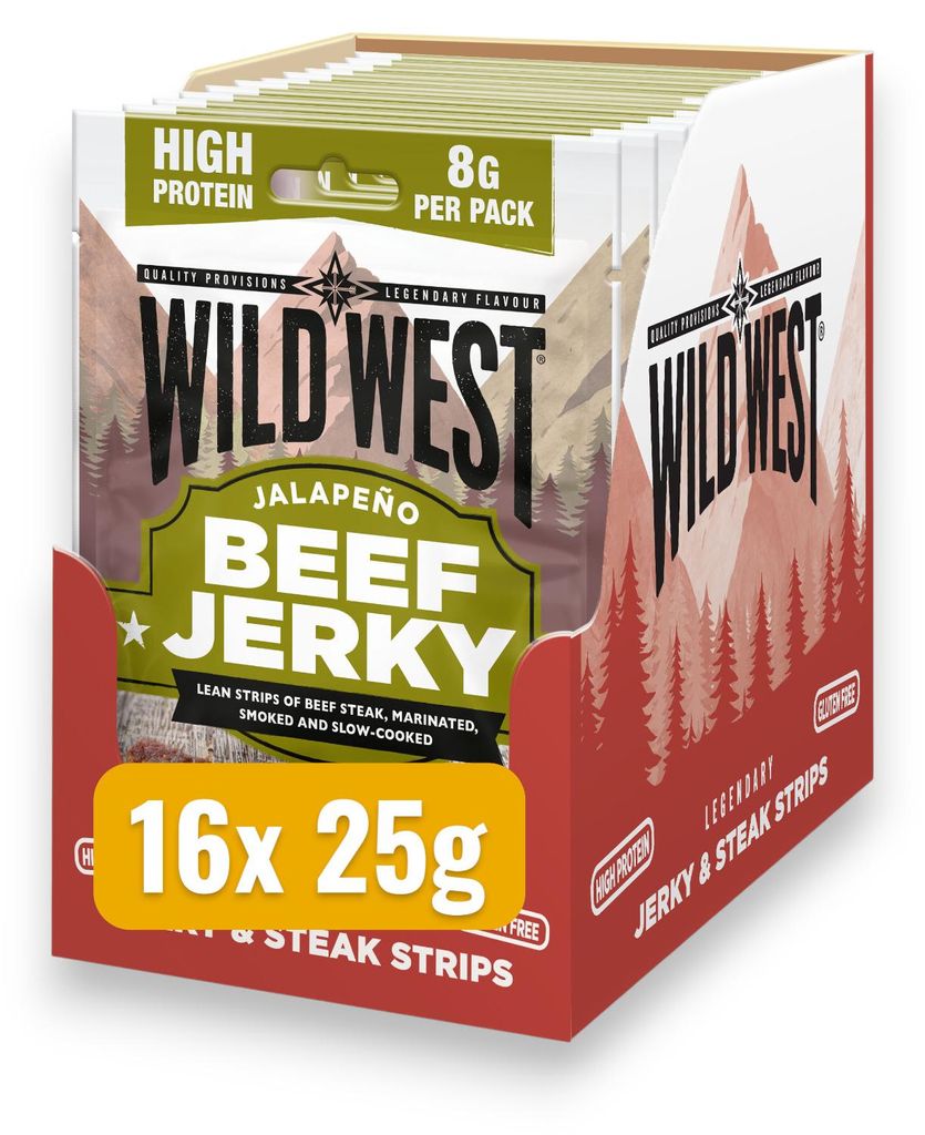 16x Wild West Jalapeño Beef Jerky 25g – Scharfer Trockenfleisch Snack mit Jalapeño und BBQ-Würze