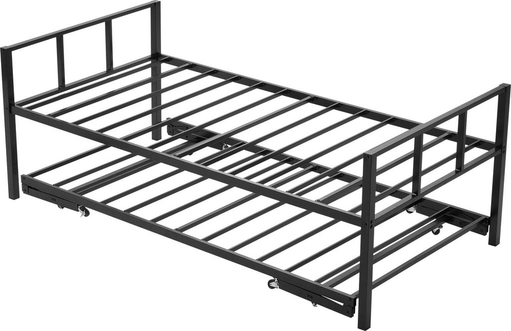 A black metal twin-size daybed with a pull-out trundle bed underneath, shown from a diagonal angle.