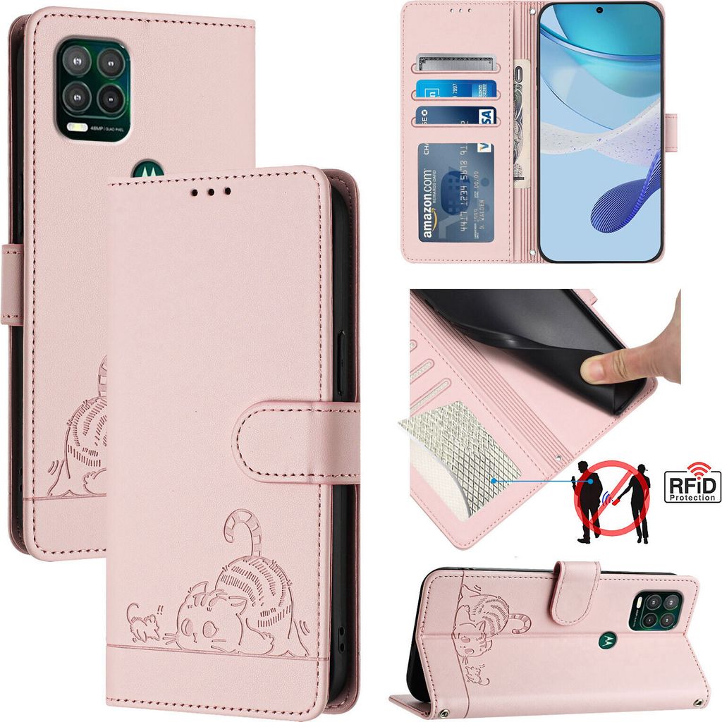 Leder Hülle für Motorola Moto G Stylus 5G (2021) Süße Katze Flip Case Brieftasche Schutzhülle mit Standfunktion Pink