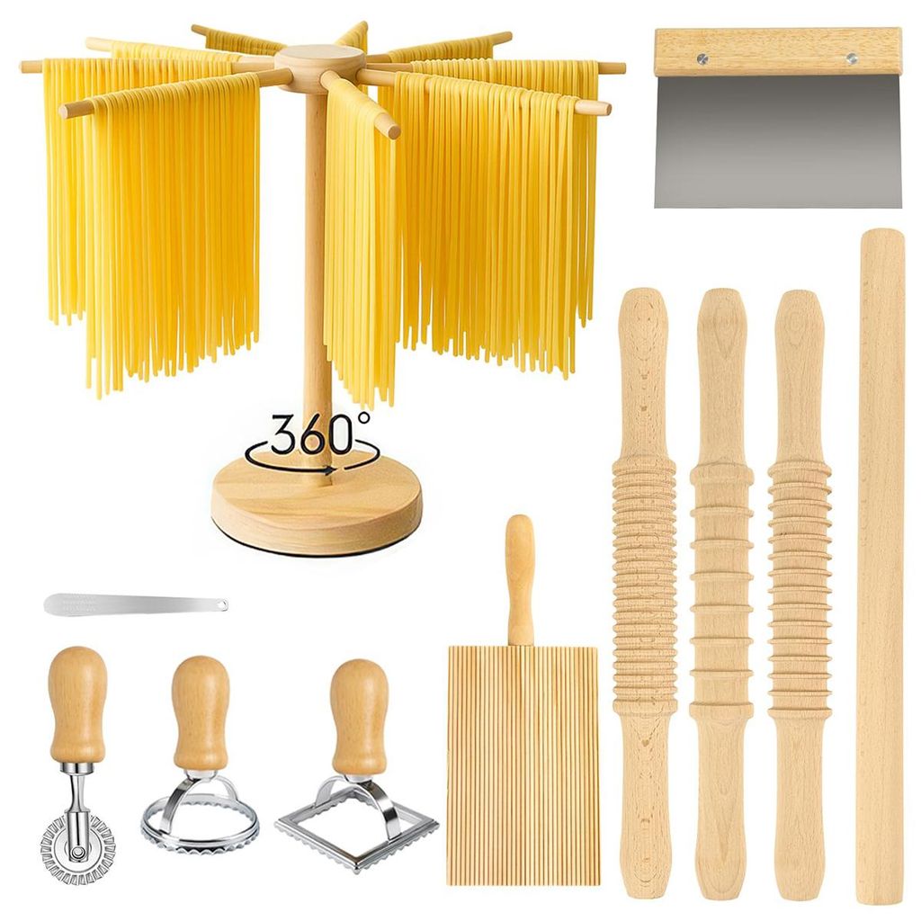 11-tlg. Pasta- & Ravioli-Set, 3 Größen Nudelholz, Pastatrockner drehbar, Gnocchi-Brett, Teigschneider, Formen & Zubehör aus Holz