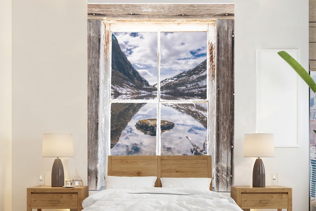 MuchoWow Fototapete für Wohnzimmer oder Schlafzimmer Wandtapete Vinyl Motivtapete Aussicht - Berg - Wasser - 200x300 cm - Wanddekorationen