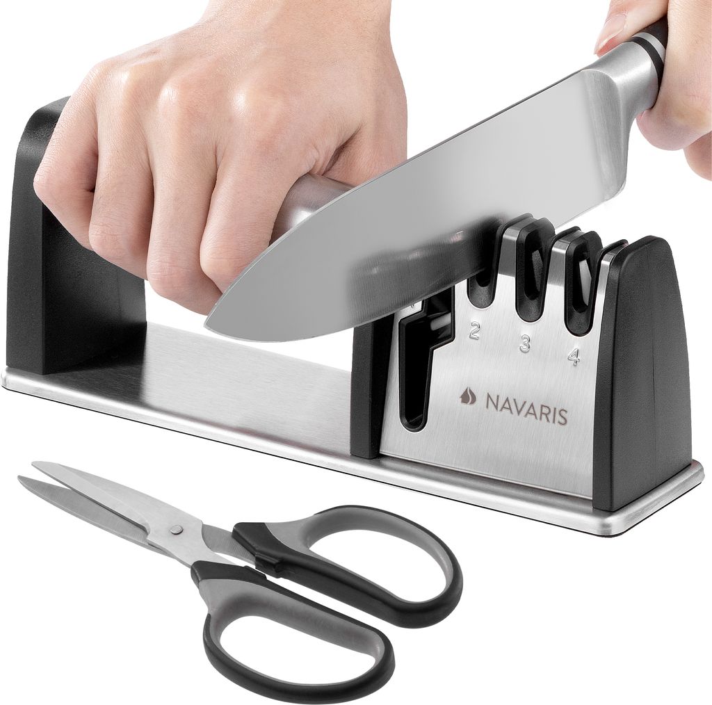 Navaris Profi Messerschärfer und Scherenschleifer aus Edelstahl - 3-Stufen Schleifsystem - Zusätzlicher Schlitz für Scherenschärfung - Messersc...