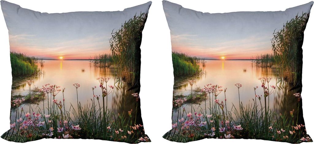 ABAKUHAUS Natur Kissenbezug Set (2Stück), Sonnenuntergang Chudskoy See Frühling Blumen Landschaftsfoto Muster, 40 x 40 cm, Baby Blue Hellrosa