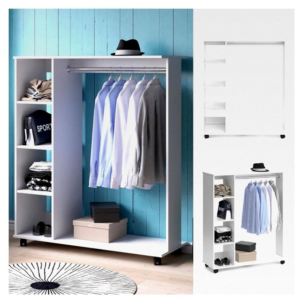 Garderobe Cosmo, Weiß, 110 x 129,4 cm, mit offenen Ablagen und Rollen für flexible Nutzung