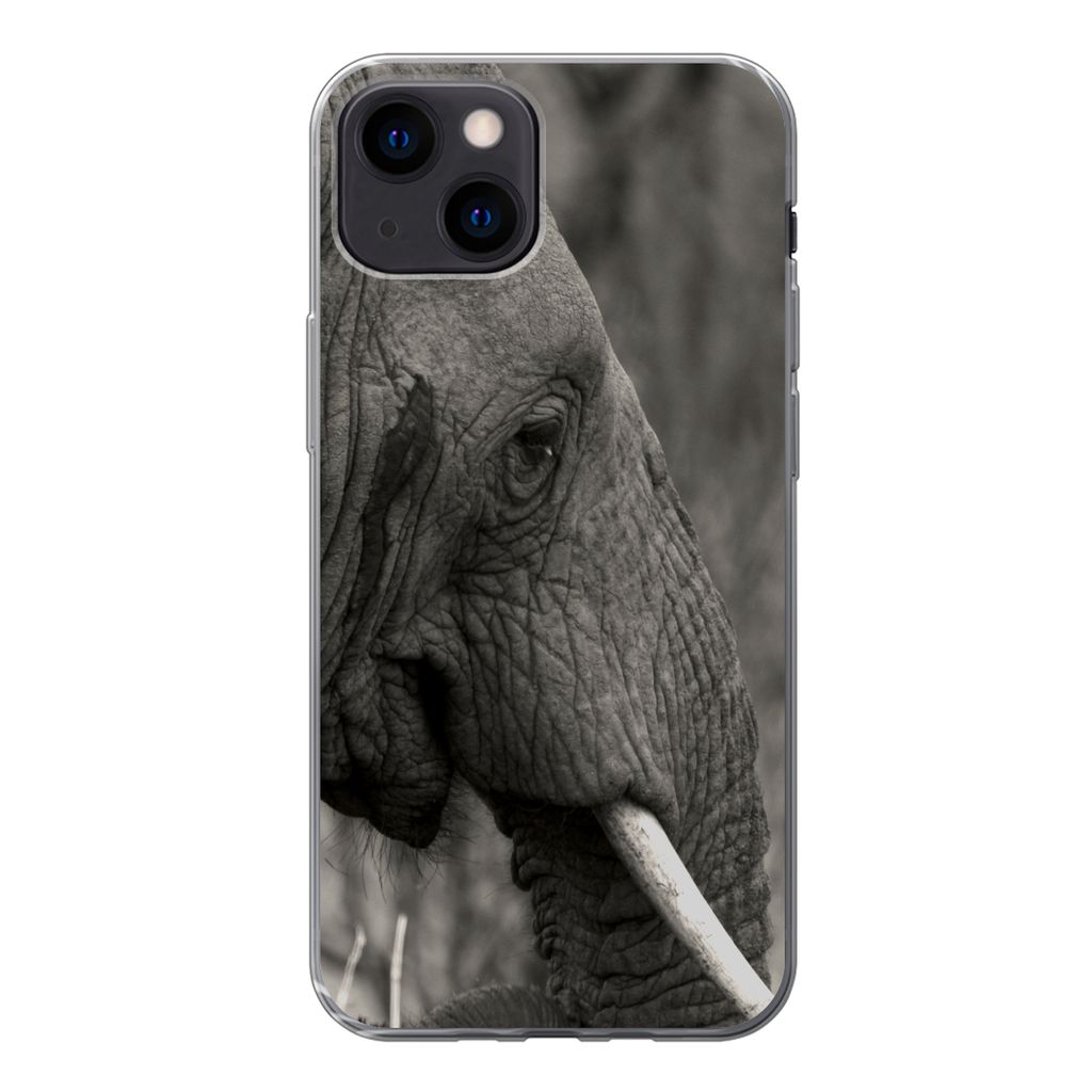 MuchoWow Handyhülle Schutzhülle Hülle für iPhone 13 mini Elefant - Tiere - Schwarz - Weiß Silikon Softcase Handy Hülle - Softcase