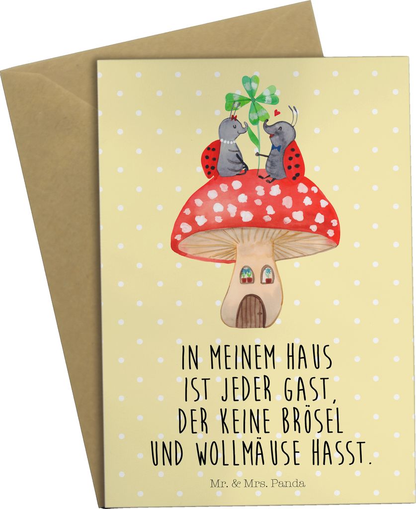 Mr. & Mrs. Panda Grußkarte Marienkäfer Fliegenpilz - Gelb Pastell - Geschenk, babykarte, weihnachtskarten, Fleigenpilzhaus, Lustige Sprüche, ost...