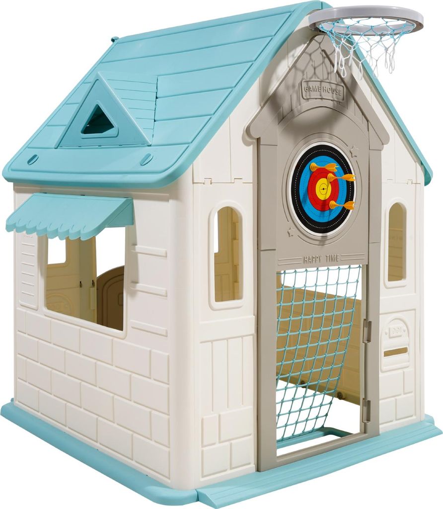 SucceBuy Outdoor Spielhaus 5-in-1: Gartenhaus mit Rollenspielbereich, Basketballkorb, Dartscheibe, Fußballtor und Ringwurfspiel. Kinderspielhaus m...