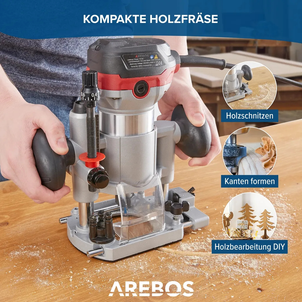 AREBOS Défonceuse Multifonction 710W - Blocage Broche et Base Plongeante - 8