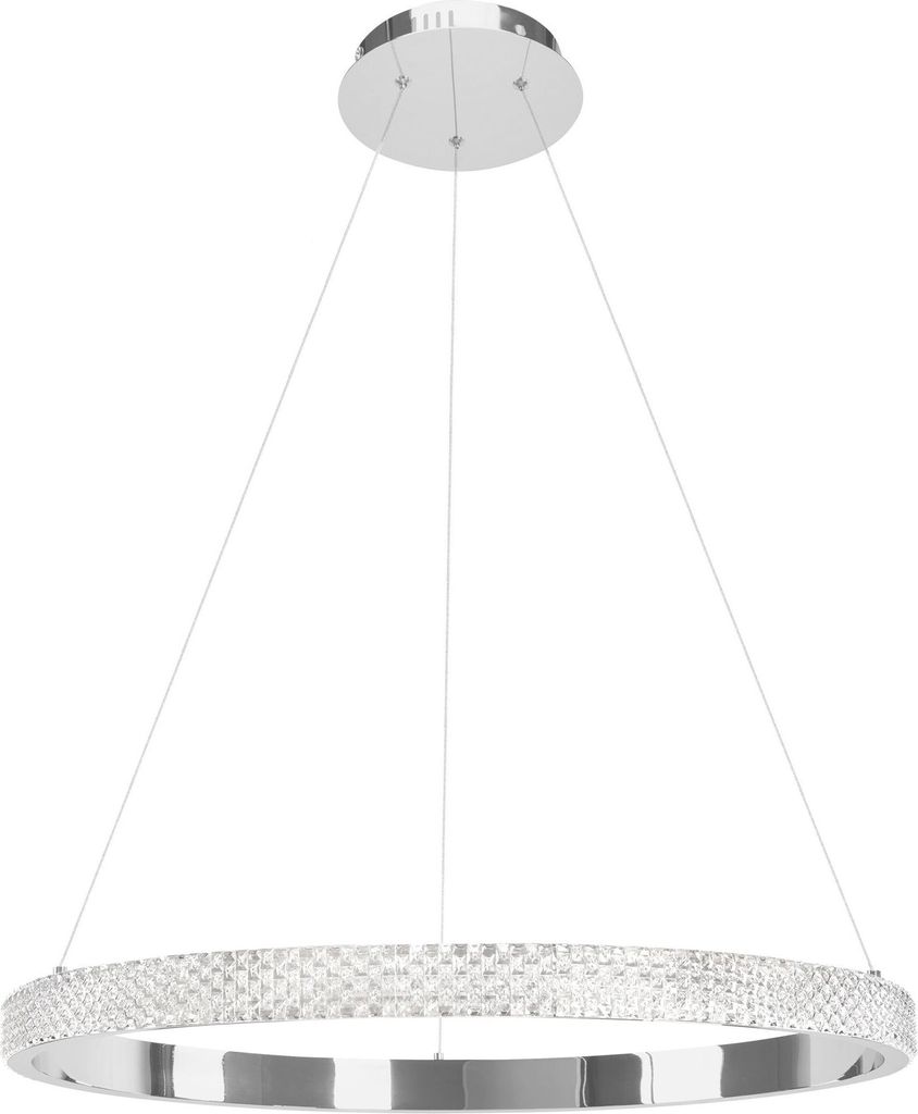 A modern chrome pendant light with a circular design, suspended by thin wires from a ceiling mount.
