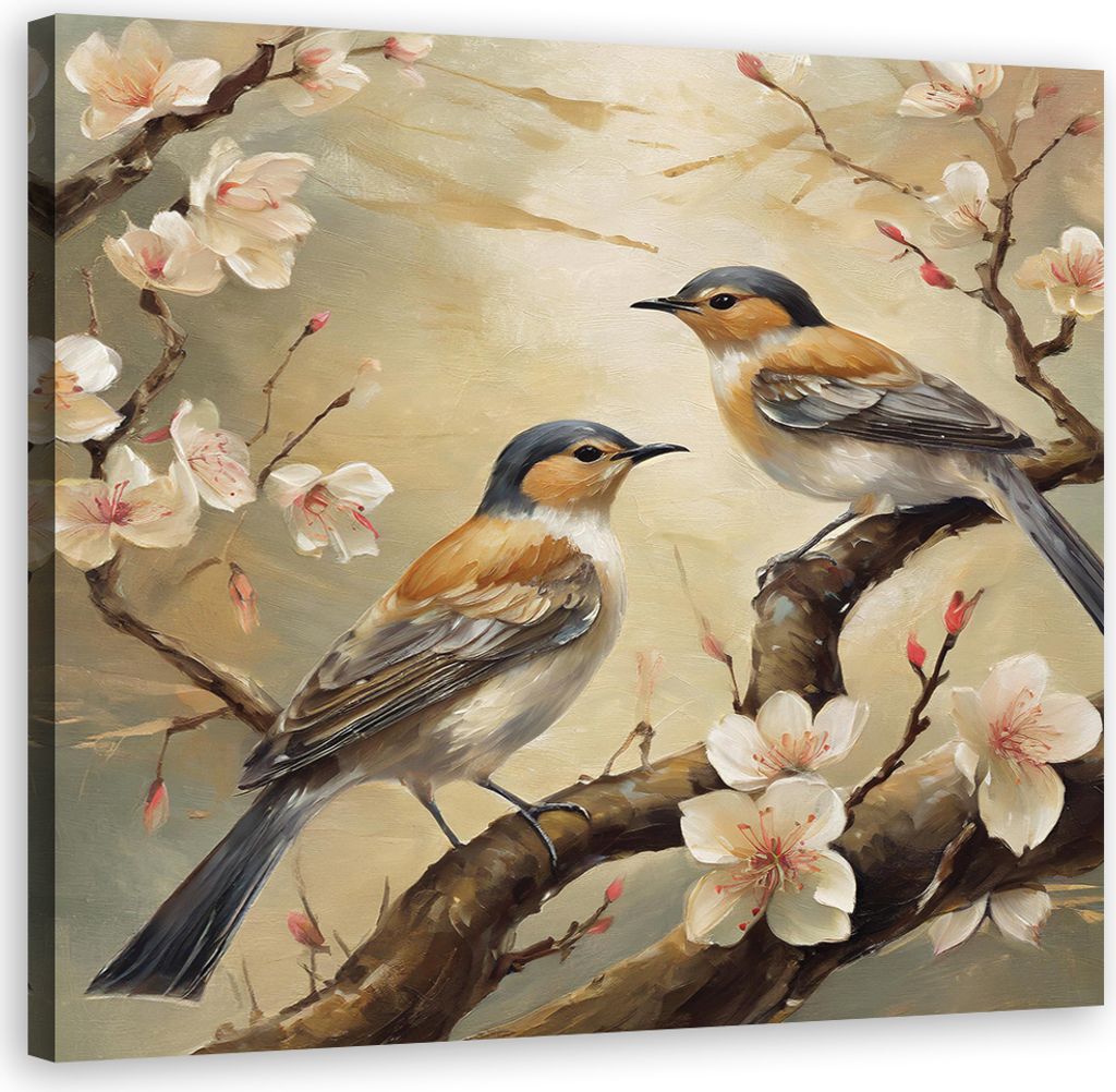 Leinwandbild Vögel Tiere Blumen Zweige 60x60 Feeby Beige bild für die wand bereit zum aufhängen