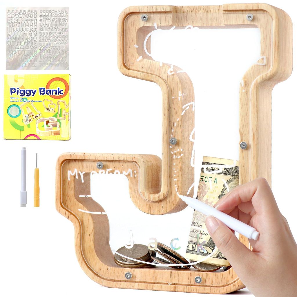 Spardose aus Holz für Kinder mit Buchstaben von A bis Z, personalisierte transparente Spardose mit Alphabet, Dekoration als Taufgeschenk für Jung...