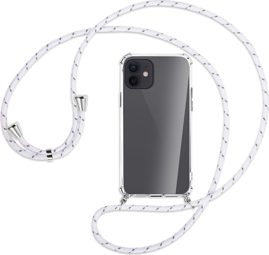 Handykette Backcover-Schutzhülle mit Band (Metall silberfarben) für Apple iPhone 12, 12 Pro - weiß/grau