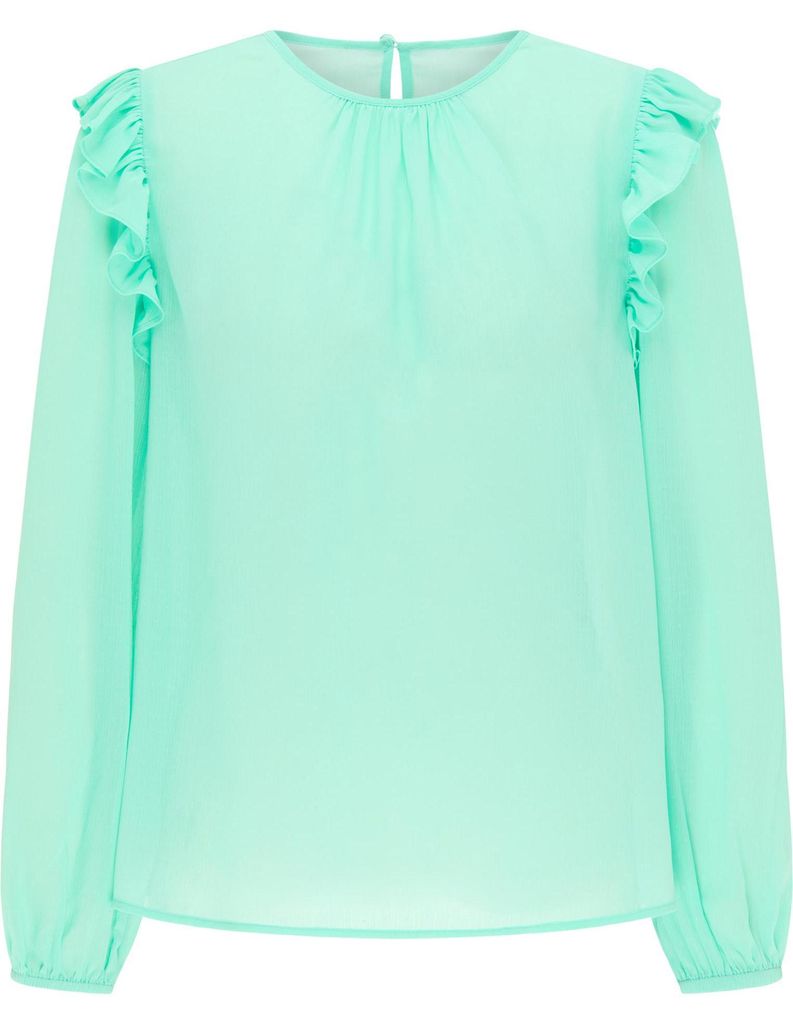 Damen Langarm Bluse aus semitransparentem Chiffon mit Rüschen, Aqua, Gr. L