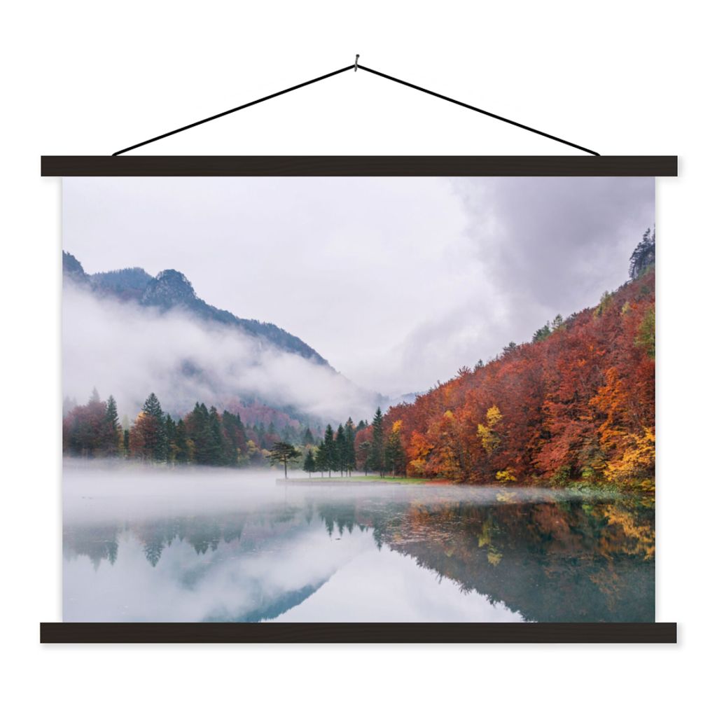 MuchoWow Textilposter Herbst - Nebel - Wasser - Landschaft 120x90 cm mit schwarzem Rahmen - Aufhänger für Poster