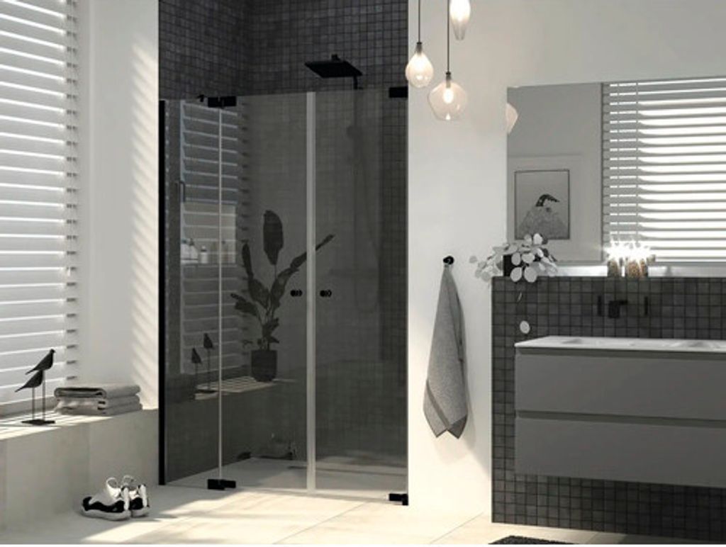 Jungborn Duschtür in Nische SETTE Pendeltür mit Festteil links 150 cm Profilfarbe schwarz Klarglas mit schmutzabweisende Glasbeschichtung und Puf...