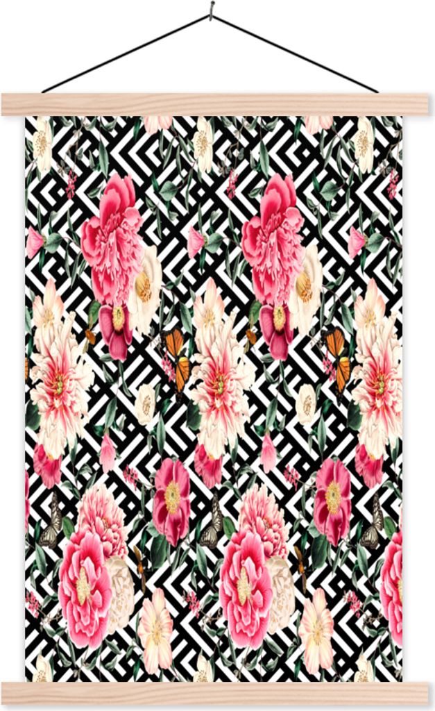 MuchoWow Textilposter Blumen - Schmetterling - Pastell 60x90 cm mit holzfarbenen Rahmen - Textil