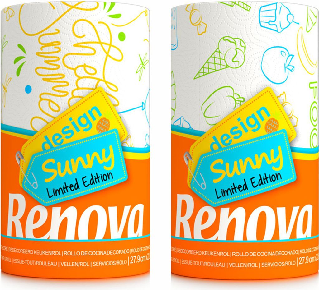 2 Rollen Renova Maxi Rolle Sunny - Küchenpapier - Küchenrolle - Haushaltstücher - Papiertücher - bedruckt mit Sommermotive - 1 Rolle = 3 Standa...