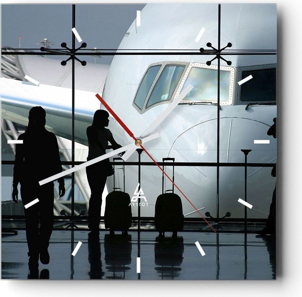 Wanduhr - Quadrat - Glasuhr - Flugzeug Flughafen Passagiere - 30x30cm - Schleichendes Uhrwerk - Lautlos - zum Aufhängen bereit - Dekoration Modern...