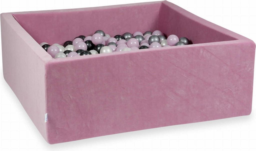 Bällebad 110x110x40cm Samt Soft Pink – Mit 600 Bällen / Babyrosa Perle, Silber, Metallic Graphit, Perle